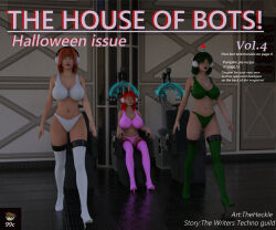  3d allison_(argonis) angie_(supertechno324) breasts chair cover fembot femsub green_eyes green_hair halloween headphones high_heels kathy_(theheckle) large_breasts long_hair orange_hair original red_hair short_hair tech_control theheckle thigh_boots thighhighs 