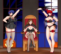 akane_tendo angela_smith_(daveyboysmith9) bare_shoulders blue_eyes blue_hair bluebullpen bow braid breasts cameltoe choker cleavage corruption crossed_legs earrings empty_eyes evil_smile femdom femsub fishnets glasses halloween heart high_heels horns huge_breasts jack_o&#039;_lantern lingerie long_hair original ranma_1/2 ranma_saotome red_eyes red_hair short_hair story succubus thighhighs transformation wings