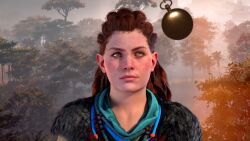 3d aloy_(horizon_zero_dawn) animated clothed curly_hair female_only femsub happy_trance heavy_eyelids horizon_zero_dawn long_hair open_mouth orange_hair outdoors pendulum pocket_watch smile solo spiral_eyes spiralwash_eyes standing trees video vynil 