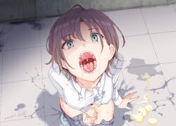  after_sex after_vaginal altered_common_sense blue_eyes bottomless breasts cleavage cum cum_in_pussy expressionless female_only femsub huge_breasts nyuu_(manekin-eko) open_mouth pov pov_dom purple_hair short_hair sitting solo the_idolm@ster the_idolm@ster:_shiny_colors toru_asakura virgin 