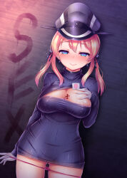  blonde_hair blush breasts cleavage_cutout condom corruption erect_nipples femsub gloves happy_trance hat heart heart_eyes kantai_collection large_breasts long_hair open-chest_sweater panties personification pink_hair prinz_eugen_(kantai_collection) pussy_juice satou_kuuki smile sweat sweater symbol_in_eyes tattoo twintails underwear 