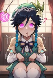  absurdres ai_art blush confused drool esccc_(generator) femboy flower flower_in_hair genshin_impact hat male_only malesub multicolored_hair open_mouth pendulum pink_eyes preview solo spiral spiral_eyes surprised thighhighs thighs twin_braids venti_(genshin_impact) 