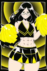  abs ai_art animated animated_gif black_hair breasts cheerleader flat_chest glasses green_eyes long_hair miniskirt novelai_(ai) small_breasts smile spiral_background tagme taylor_hebert worm_(series) 