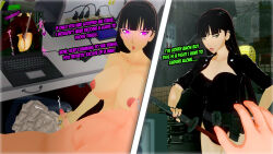 3d artist_request before_and_after black_hair femsub helena_knight_(amateurthrowaway) laptop leotard long_hair original penis small_penis tagme text 