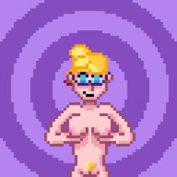 anne_(matter-waluigi) blonde_hair blue_eyes bottomless breasts female_only femsub glasses large_breasts matter-waluigi original pixel_art ponytail red_hair standing topless