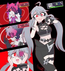 ahoge alternate_costume black_background breasts character_request clothed copyright_request empty_eyes eternal_return femsub garnet_(eternal_return) grey_hair hair_color_change hand_on_head happy_trance long_hair pink_hair rakuma-imp red_eyes spiral_background spiralwash_eyes tagme transformation twintails 