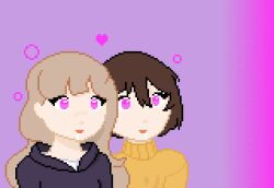  animated animated_gif breasts brown_hair bubble drool fabius female_only femsub freckles happy_trance hoodie multiple_girls multiple_subs open_mouth original pink_eyes pixel_art short_hair simple_background smile sweater very_long_hair 