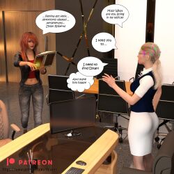  3d ass blonde_hair collarbone comic dialogue femdom femsub glasses happy_trance hexxet hypnotized_dom hypnotized_hypnotist jeans long_hair navel nicole_bolagona office_lady orange_hair red_lipstick skirt spell_book_shenanigans stacey_alcone surprised text 