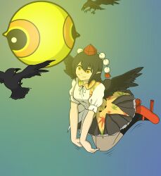 absurdres aya_shameimaru bird_girl black_hair breasts clothed disguised_hypnotist femsub floating happy_trance hypnotic_light hypnotic_orb large_breasts short_hair skirt smile solo touhou wings