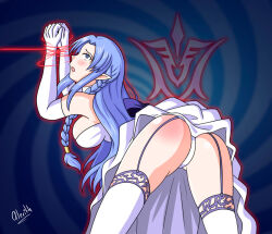 alerith alternate_costume ass ass_focus aura bare_shoulders blue_eyes blue_hair blush body_control bondage command_seal dress elf_ears empty_eyes fate/grand_order fate/stay_night fate_(series) femsub from_behind gloves hypnotic_magic magic medea_(fate) open_mouth restrained signature solo spiral_background thighhighs very_long_hair