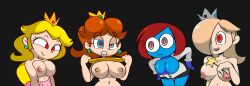 blonde_hair blue_eyes blue_skin breasts brown_hair crown earrings female_only femdom femsub grey_eyes hair_covering_one_eye happy_trance jewelry large_breasts long_hair multiple_girls nastasia nintendo open_mouth paper_mario princess princess_daisy princess_peach princess_rosalina red_eyes rng_(manipper) smile super_mario_bros. super_paper_mario topless undressing vilepluff