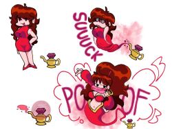 arm_warmers bare_shoulders before_and_after breasts brown_hair cleavage dress earrings english_text eye_color_change female_only femsub friday_night_funkin&#039; genie girlfriend_(friday_night_funkin&#039;) hair_growth hand_on_hip harem_outfit high_heels hypnotic_accessory jewelry large_breasts long_hair looking_at_viewer midriff navel open_mouth ponytail red_dress ringtailedhero see-through simple_background smirk smoke solo spiral_eyes spiralwash_eyes text tongue tongue_out transformation veil white_background wide_hips