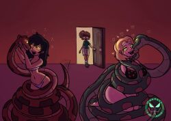 amphibia anne_boonchuy barefoot black_hair blonde_hair bondage boots brown_hair coils dark_skin disney drool earbuds femsub green_eyes hair_clips heart lingerie marcy_wu open_mouth orange_eyes red_background ring_eyes sasha_waybright scar scars serpeisthesnake shirt shorts signature simple_background snake socks surprised tied_hair underwear 