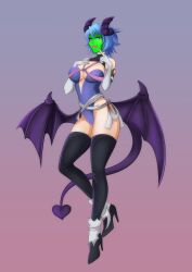 absurdres apple_cake aqua_(kingdom_hearts) blue_hair cleavage corruption demon_girl female_only femsub gloves green_skin high_heels horns hypnotic_accessory kingdom_hearts mask monster_girl opera_gloves short_hair solo succubus tail thighhighs wings