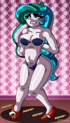 absurdres arms_behind_back aware bare_legs blue_eyes blue_hair body_control bra breasts cleavage collarbone discord embarrassed equestria_girls female_only femsub high_heels hypnotic_accessory my_little_pony navel panties princess_celestia principal_celestia signature solo text underwear undressing unhappy_trance very_long_hair xjkenny
