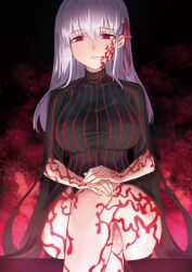 absurdres angra_mainyu bare_legs body_markings breasts corruption crossed_legs dark_sakura empty_eyes eye_color_change facial_markings fate/stay_night fate/stay_night_heaven&#039;s_feel fate_(series) femsub hair_color_change legs long_hair monane4 possession red_eyes sakura_matou sitting thighs white_hair