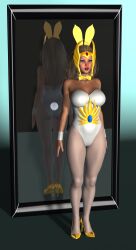  3d absurdres ass bare_shoulders blue_eyes breasts brown_hair bunnysuit cleavage collarbone cuffs easter expressionless fake_animal_ears female_only femsub fishnets high_heels huge_breasts leotard long_hair member9 original red_lipstick she-ra solo standing standing_at_attention super_hero 
