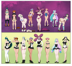  before_and_after black_hair blue_hair bra brown_hair candice cleavage clothed_exposure dlobo777 erect_nipples exposed_chest fantina feather_duster femsub gardenia green_hair hair_ornament happy_trance high_heels iono_(pokemon) katy_(pokemon) long_hair maid maid_headdress maylene midriff multicolored_hair multiple_girls multiple_subs panties pink_hair pokemon pokemon_diamond_pearl_and_platinum pokemon_scarlet_and_violet ponytail posing presenting purple_hair rika_(pokemon) short_hair skirt skirt_lift socks thighhighs thong topless tulip_(pokemon) twintails underboob underwear undressing 