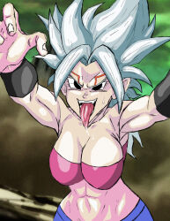 alternate_hair_color asdasfacksas black_eyes body_markings breasts caulifla cleavage corruption dragon_ball dragon_ball_heroes evil_smile facial_markings femsub happy_trance large_breasts long_hair maledom midriff navel oren_(dragon_ball_heroes) possession smile tongue tongue_out tuffleization white_hair