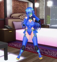  3d bed before_and_after blue_eyes blue_hair boots custom_maid_3d_2 dfish303 erect_nipples_under_clothes female_only femsub gloves hair_ornament high_heels large_breasts leotard miniskirt open_mouth opera_gloves resisting sapphire_lip_(dfish303) solo standing thigh_boots thighhighs visor 