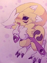 ahegao blush bottomless brain_drain breasts dazed digimon female_only femsub furry holding_breasts large_breasts napdust nude open_mouth renamon tail tongue tongue_out topless traditional