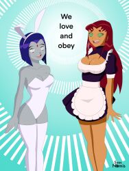 absurdres alien alien_girl bare_legs blue_hair breasts bunnysuit cleavage collarbone dc_comics femsub green_eyes happy_trance large_breasts maid purple_hair raven red_hair smile spiral_eyes starfire super_hero syas-nomis symbol_in_eyes teen_titans text thighhighs