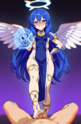 absurdres angel angel_girl armor bare_legs blue_eyes blue_hair blush charm_(spell) clothed eirael_(erogmircs) erect_nipples erect_nipples_under_clothes feet femdom foot_focus footjob gauntlets halo hand_on_hip herchi jewelry loincloth looking_at_viewer magic magic_circle malesub naughty_face naughty_smile nude original pov pov_sub precum sideboob thighs very_long_hair wings