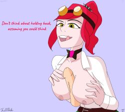  absurdres breasts collar femdom heterosexual large_breasts open_mouth original red_hair short_hair smile text the_us_doctor tongue topless 