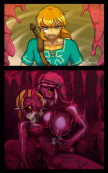  balls bare_breasts black_sclera blonde_hair blue_eyes blush braid breast_expansion breasts breath_of_the_wild clothed collarbone corruption elf_ears erect_nipples erection futasub hand_on_head handjob huge_breasts hypnotic_slime hypnotized_hypnotist large_breasts link long_hair long_tongue malesub multiple_subs nintendo nipples open_mouth penis porniky princess_zelda shirt signature sitting spread_legs standing sweat sword the_legend_of_zelda tongue tongue_out transformation transgender weapon yellow_eyes 