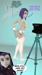 3d absurdres ben_10 ben_tennyson breasts dc_comics female_only femsub ghost ghostfreak grey_skin happy_trance large_breasts possession purple_hair raven short_hair smile super_hero supercasket teen_titans text western