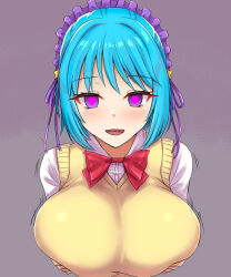  blue_hair blush bow_tie breasts female_only femsub grey_background groping happy_trance heart heart_eyes holding_breasts huge_breasts ivatent_(manipper) kurumu_kurono large_breasts looking_at_viewer manip no_umu open_mouth pov pov_dom purple_eyes rosario+vampire school_uniform short_hair simple_background smile solo succubus sweater symbol_in_eyes 
