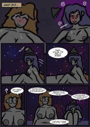  blue_hair brain_dead_retail_(series) breasts chloe_(kilroylucy18) chubby comic dialogue hypnotic_object kilroylucy18 lying nessi_(kilroylucy18) nude original outdoors red_hair sweat text yuri 