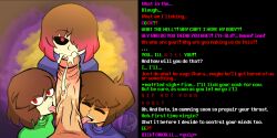  absurdres bete_noire body_control breasts brown_hair caption_only chara_(undertale) collaboration collaborative_fellatio cum cum_in_mouth dialogue fellatio femsub frisk_(undertale) glitchtale huge_cock licking loodie_doodie looking_at_viewer maledom manip multiple_girls multiple_subs oral penis pov sex short_hair straight-cut_bangs text tongue tongue_out undertale unhappy_trance 