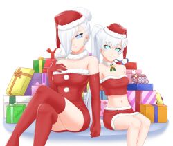 christmas cslucaris female_only femsub hair_covering_one_eye happy_trance hat holding_hands icontrol_(manipper) long_hair looking_at_viewer manip midriff navel ponytail rwby santa_costume santa_hat sisters sitting smile spiral_eyes symbol_in_eyes thighhighs weiss_schnee white_hair winter_schnee
