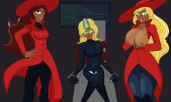 absurdres bimbofication blonde_hair breast_expansion breasts carmen_sandiego carmen_sandiego_(character) cleavage collar drool female_only femsub happy_trance heart heart_eyes huge_breasts large_breasts long_hair open_mouth red_hair sequence smile symbol_in_eyes text the_us_doctor tongue tongue_out