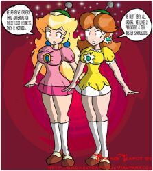antenna blonde_hair breasts brokenteapot dialogue dress earrings expressionless female_only femsub glowing glowing_eyes helmet hypnotic_accessory jewelry large_breasts long_hair mario_&amp;_luigi_(series) multiple_girls nintendo open_mouth orange_hair princess princess_daisy princess_peach shroob shrunken_irises socks standing standing_at_attention super_mario_bros. tech_control text