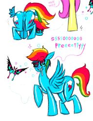  anus ass butterfly cyl4s dazed drool fluttershy furry glowing glowing_eyes happy_trance hooves horse horse_girl hypnotic_creature hypnotic_drug multicolored_hair my_little_pony non-human_feet pegasus_girl rainbow_dash rainbow_hair sparkle spiral text wings 