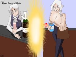 absurdres breasts empty_eyes female_only femdom femsub happy_trance hypnotic_drink lactation large_breasts looking_at_viewer milk open_mouth rwby short_hair simple_background smile text the_us_doctor topless white_hair willow_schnee