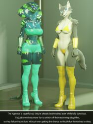  3d breasts caption carmen_(thalarynth) crossed_eyes furry happy_trance harem_outfit high_heels kathy_(thalarynth) manip original scalie smile snake_girl spiral_eyes standing standing_at_attention symbol_in_eyes tail text thalarynth_(manipper) thigh_boots wolf_girl 