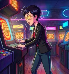  ai_art arcade_game black_hair blush carmen_sandiego clothed female_only femsub hypnotic_accessory hypnotic_screen hypnotic_spiral julia_argent_(carmen_sandiego) open_mouth short_hair solo spiral spiral_eyes spiralwash_eyes standing symbol_in_eyes zupern0va_(manipper) 