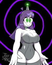  ahoge antenna bangs bare_shoulders bondage breasts cleavage clothed collar eyebrows_visible_through_hair fembot femsub glowing glowing_eyes green_eyes halloween happy_trance large_breasts latex leotard lila_(sr_pelo) long_hair milf original purple_hair spiral spiral_background spiral_eyes standing straight-cut_bangs symbol_in_eyes tech_control thick_thighs thighhighs tonyst0nk white_skin 