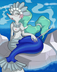 breasts cigarette female_only femsub fish_girl furry glasses green_hair mermaid nintendo pokemon primarina smoking spiral_eyes symbol_in_eyes topless yuu-chan