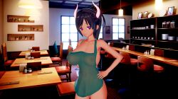 3d apron black_hair bottomless branda_(overwhored) breasts cow_girl female_only femsub glowing glowing_eyes happy_trance koikatsu! large_breasts long_hair naked_apron nipples original outbreak_games overwhored ponytail see-through tr4pd00r