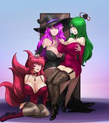  accord_(accord) anno_(anno) breast_grab breasts ereme_(bobbette) female_only femdom femsub green_hair groping happy_trance huge_breasts large_breasts original pink_hair red_hair shinzu spiral_eyes sweater symbol_in_eyes witch witch_hat 