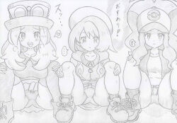  bangs banshou breasts clothed comic confused empty_eyes expressionless female_only femsub gloria_(pokemon) greyscale happy_trance hat heart hilda_(pokemon) long_hair monochrome multiple_girls multiple_subs nintendo open_mouth panties pokemon pokemon_black_and_white pokemon_sword_and_shield pokemon_x_and_y ponytail serena_(pokemon) shorts skirt skirt_lift spread_legs sunglasses sweater text thick_thighs thighs tight_clothing tongue tongue_out translation_request 