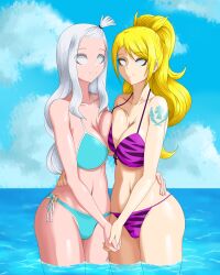  absurdres bikini blonde_hair breast_press breasts cleavage fairy_tail female_only femsub happy_trance holding_hands jenny_realight kai-too large_breasts long_hair looking_at_viewer mirajane_strauss multiple_girls navel spiral_eyes symbol_in_eyes symmetrical_docking tattoo water white_hair 
