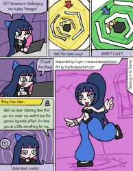black_hair comic dancer empty_eyes happy_trance harem_outfit hypnotic_screen long_hair mythkaz panty_and_stocking_with_garterbelt ponytail spiral spiral_eyes stocking symbol_in_eyes text video_game