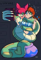  absurdres braid breasts camera coils double_v female_only femdom femsub freckles green_skin happy_trance hypnotic_eyes kaa_eyes large_breasts licking long_tongue monster_girl naga_girl open_mouth penken red_hair selfie shantae_(series) smile snake snake_girl tuki twin_braids v w_arms wendy&#039;s wendy_(wendy&#039;s) 