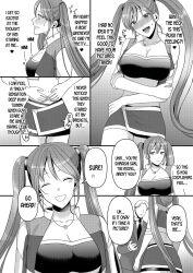 bottomless breasts camera comic dialogue drool empty_eyes femdom femsub greyscale hard_translated kazuha kissing large_breasts licking long_hair marialite masturbation monochrome nude panties possession skinsuit tagme text topless translated twintails underwear undressing