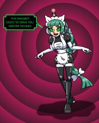  antenna apron braid dress fembot femsub green_hair happy_trance headphones high_heels latex lebanne_(pokemon) long_hair maid maid_headdress maledom nintendo opera_gloves pokemon pokemon_legends_z-a spiral_background spiral_eyes spiralwash_eyes supertechno324 tech_control thigh_boots uniform 